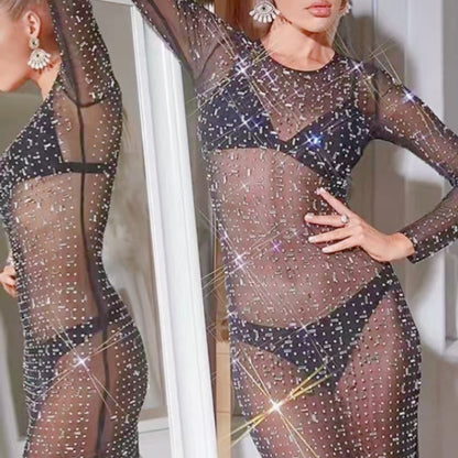 Vestido de malla con blusa de manga larga y diamantes de imitación para mujer