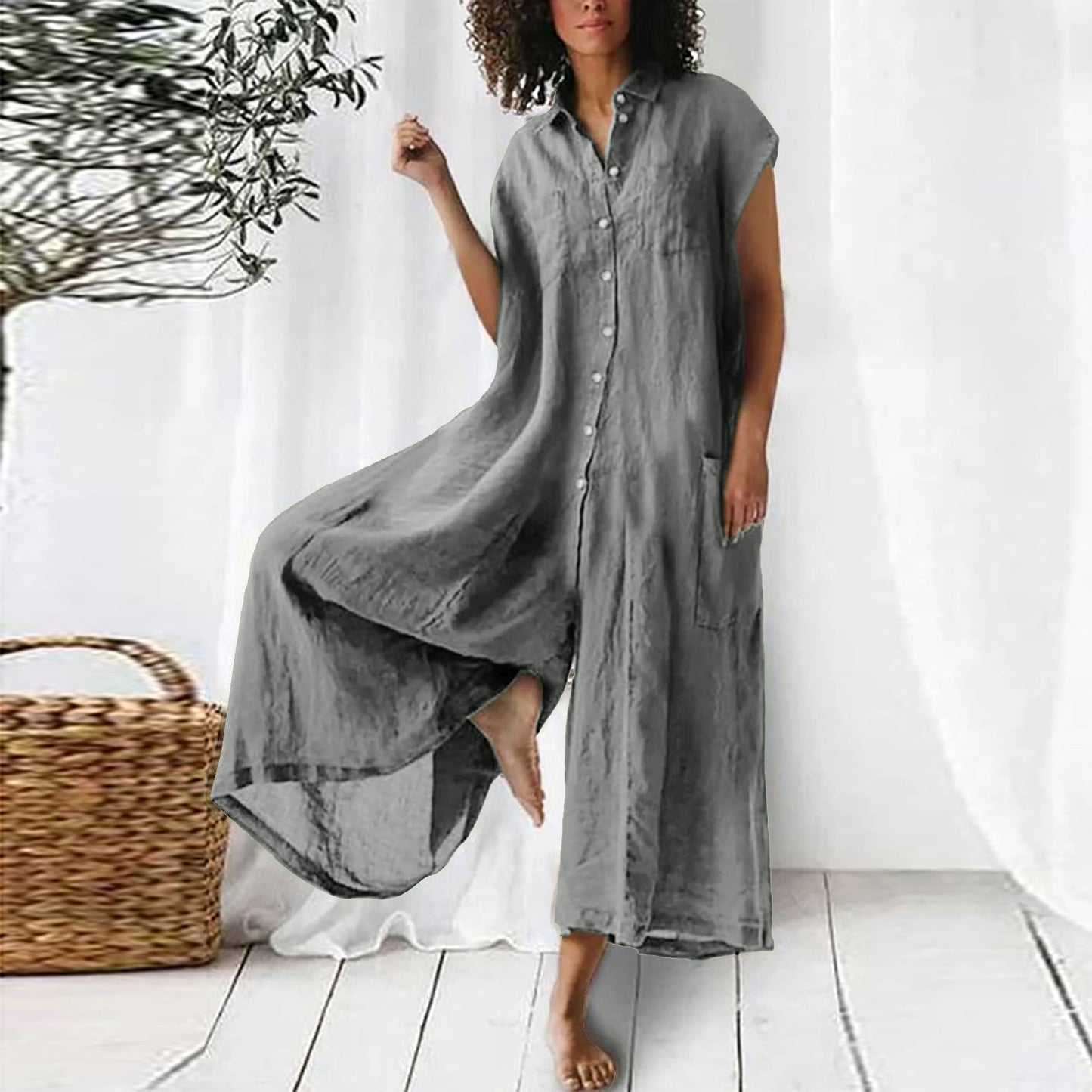 Lässiger, langärmliger Jumpsuit in Volltonfarbe für Damen