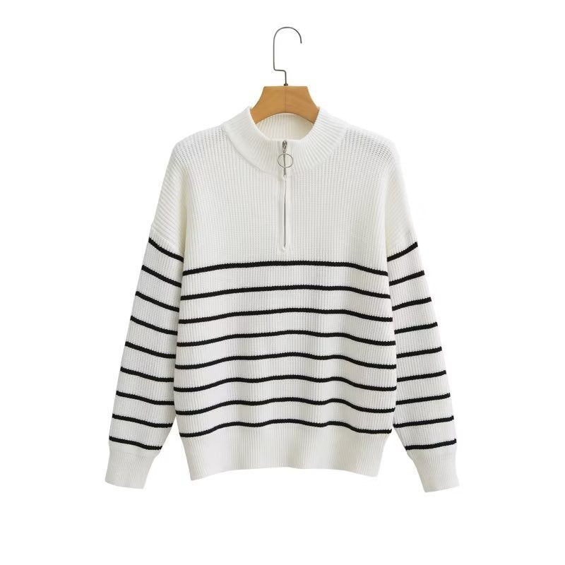 Women's Zipper Striped Sweater Contrast Color