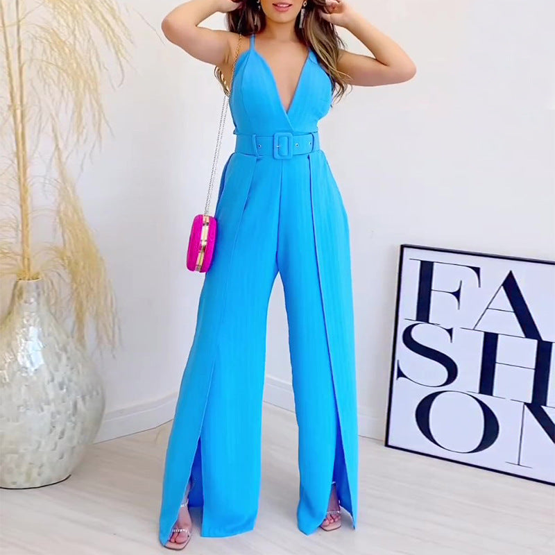 Women's Fashion Casual V-neck Brace High Waist Hem Jumpsuit