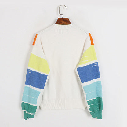 Women's Color Striped Sweater Contrast Color Double Breasted