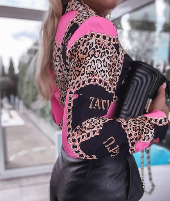 Camisa larga con estampado de leopardo y cadena transfronteriza para mujer europea y americana