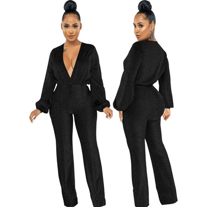 Women's Velvet Solid Color Long Sleeve V-neck Jumpsuit