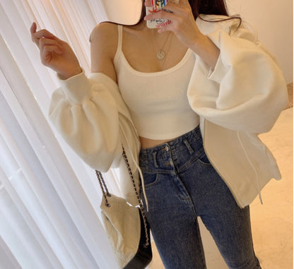 Women's Korean Style Loose Solid Color Raglan Sleeve Hoodie Jacket Suspenders Two Piece Set