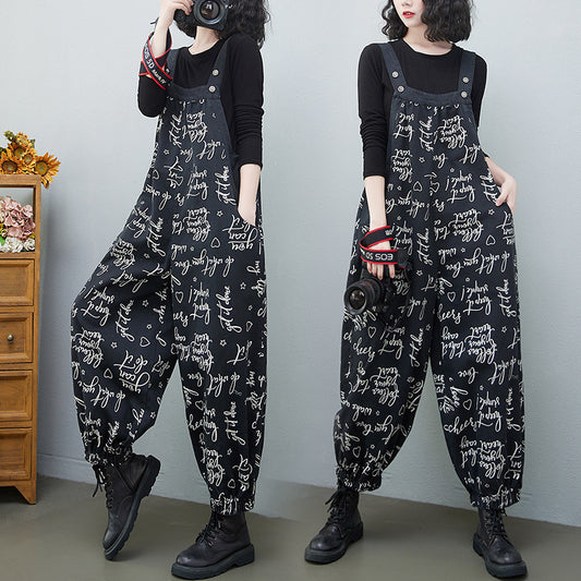 Women's Plus Size Denim Print Overalls