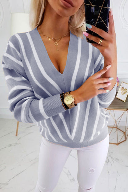 Women's bottoming shirt striped V-neck pullover sweater