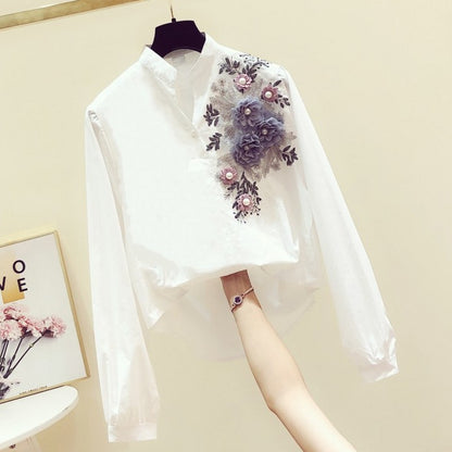 Camisa de manga larga con cuello en V para mujer Camisa blanca informal que combina con todo