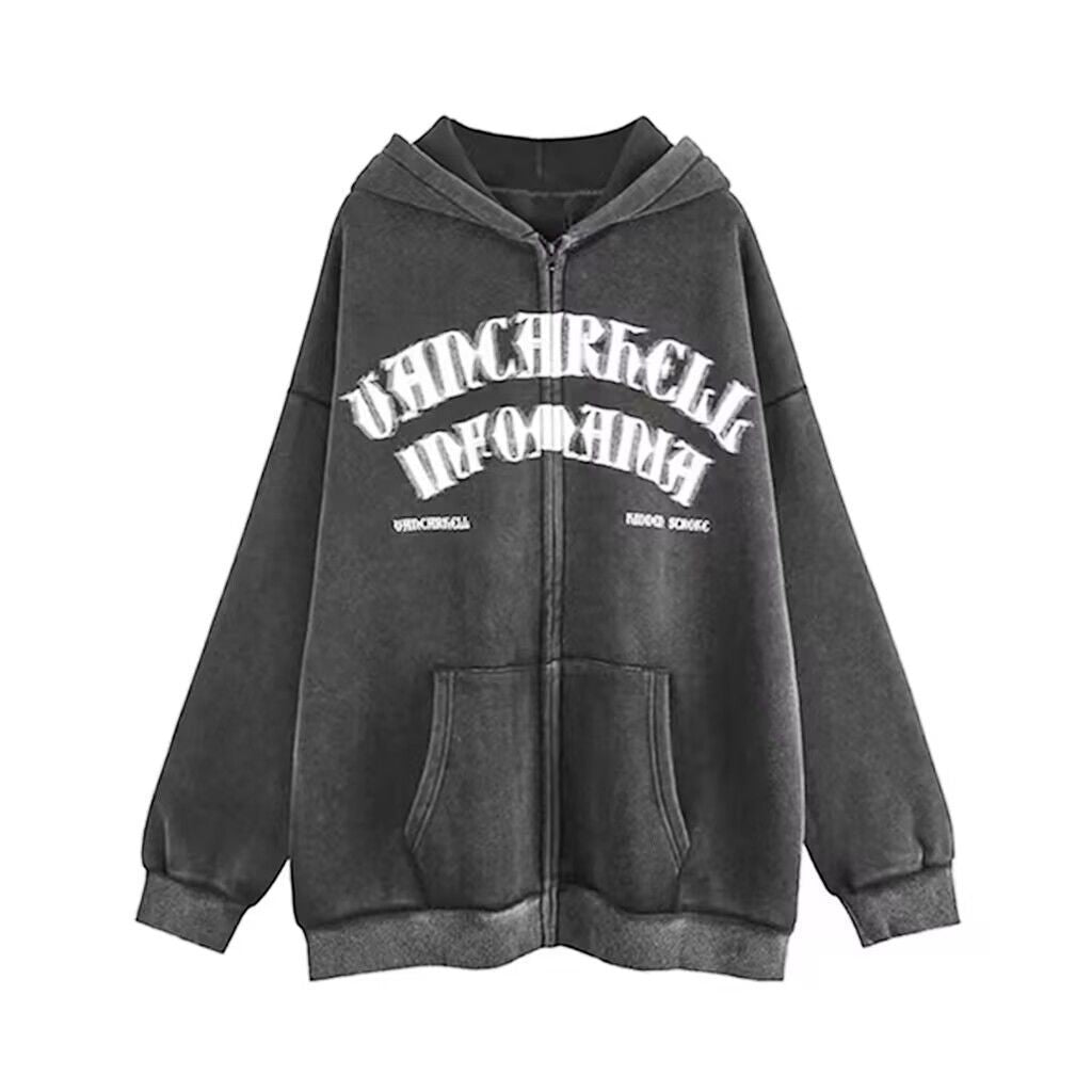 American Style Oversize Vintage Distressed Printed Letter Zipper Hooded Sweater