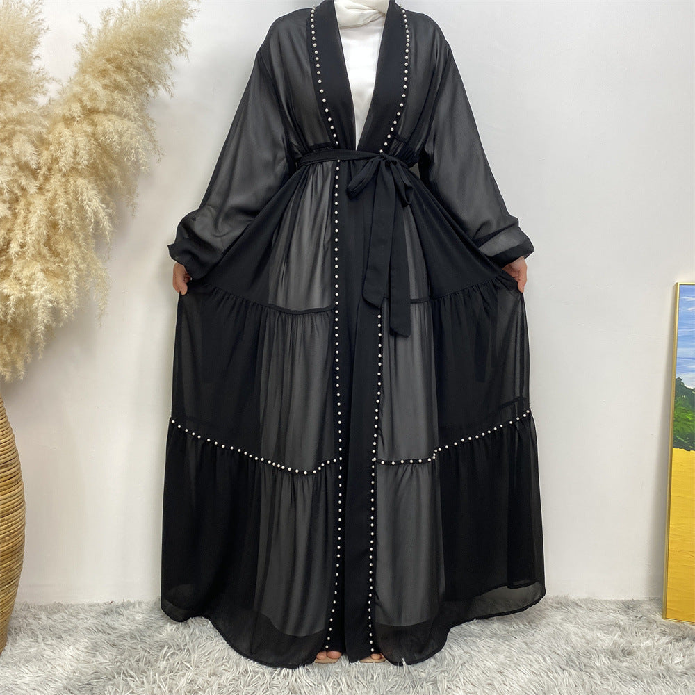 Eleganter, einfarbiger, mit Perlen besetzter, muslimischer Chiffon-Cardigan mit Schnürung