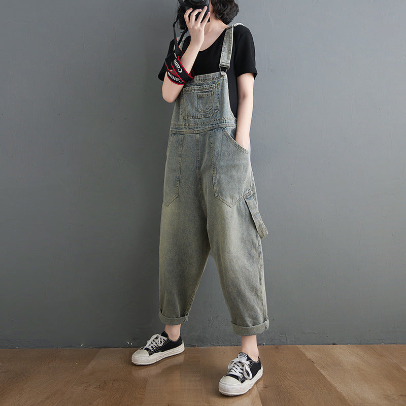 Washed Suspender Loose Denim Overalls