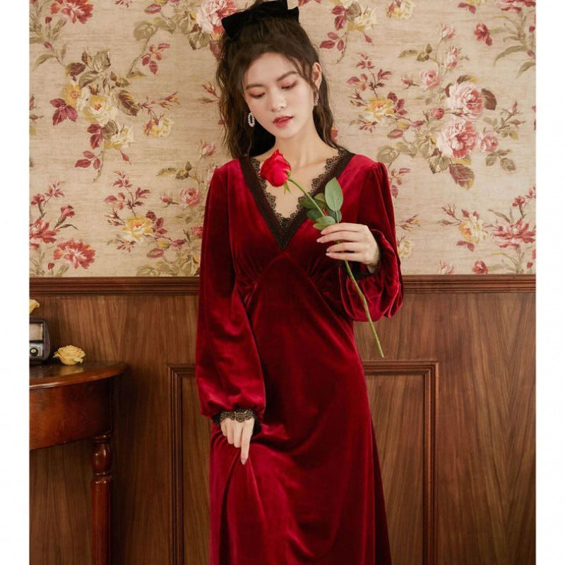 Warm Lace V-neck Pajamas Long Dress Home Wear