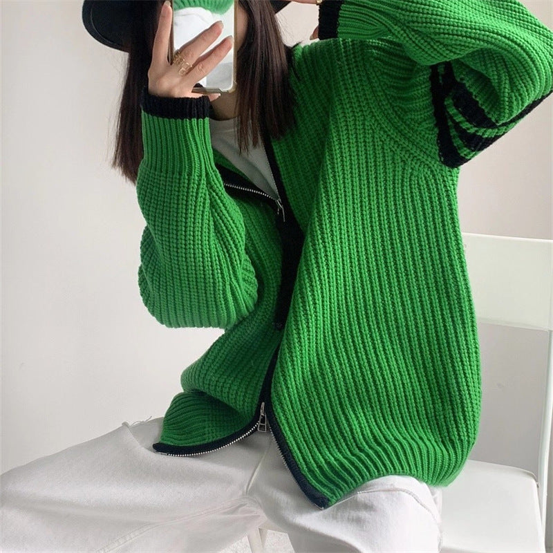 Contrast Color Striped Stitching Zipped Stand Collar Sweater Coat