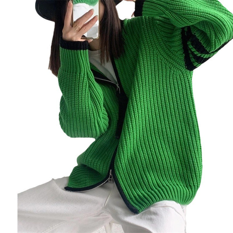 Contrast Color Striped Stitching Zipped Stand Collar Sweater Coat