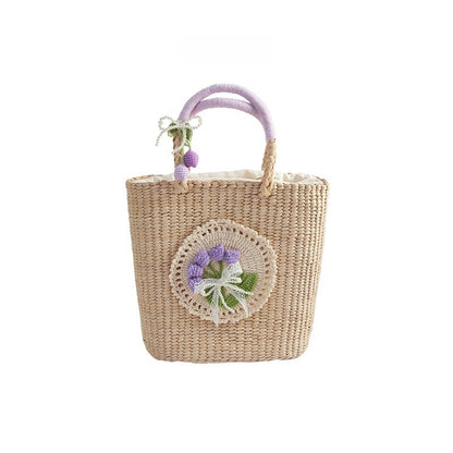 Bolso informal de paja tejido a mano con flores cuadradas verticales en color morado