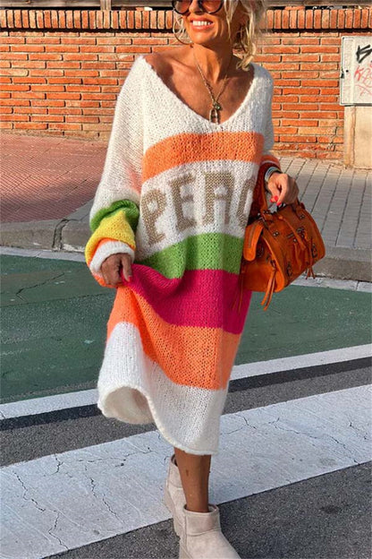 Women's Fashion Casual Rainbow Striped V-neck Loose Knitted Sweater