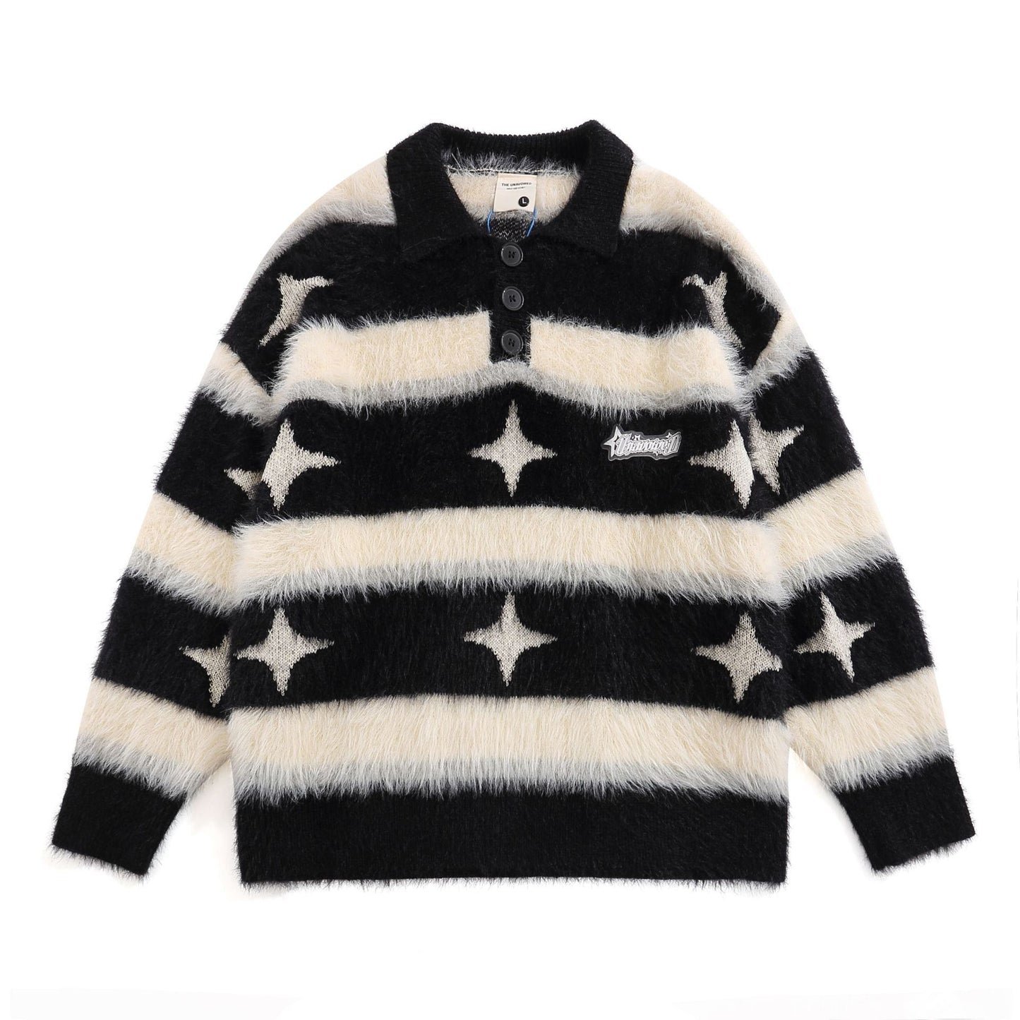 American-style Vintage Fleece-lined Striped XINGX Lapel Sweater