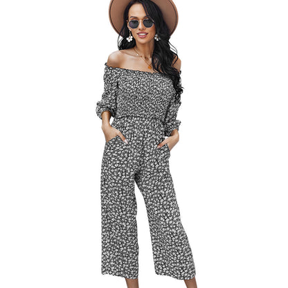 Wide Leg Pants Print Jumpsuit One Shoulder Top