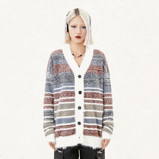 Frühen Herbst Paar Dopamin Gestreiften Strickjacke Campus Retro Weiche Klebrige Mohair Strickwaren