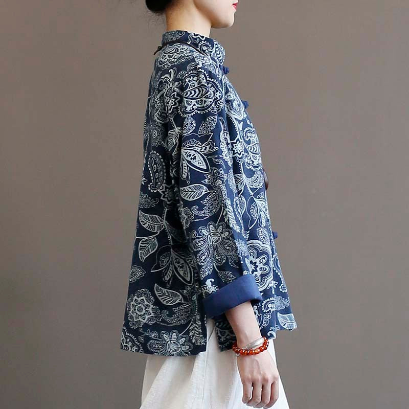 Cotton And Linen Jacket Women's Ethnic Blue Calico Cardigan