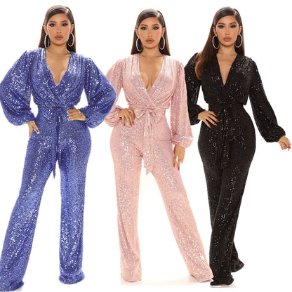 Jumpsuit mit tiefem V-Ausschnitt und langen Ärmeln für Damen mit Pailletten