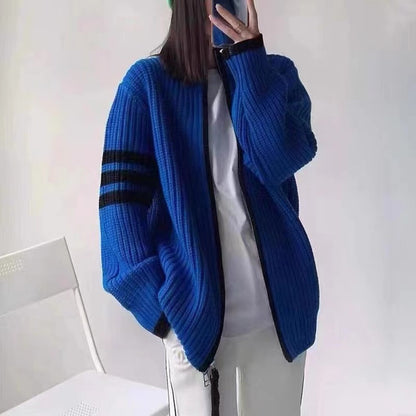 Contrast Color Striped Stitching Zipped Stand Collar Sweater Coat