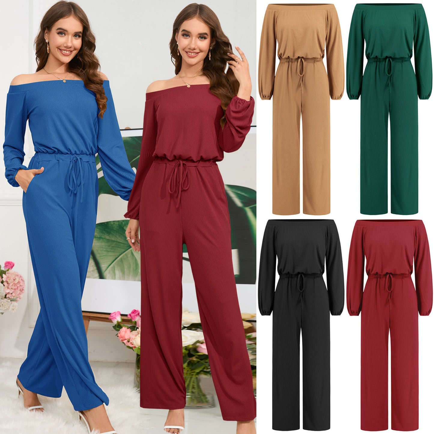 Herbst und Winter Neuer lässiger schulterfreier Jumpsuit mit hoher Taille und Laternenärmeln