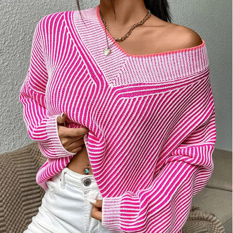 V-neck Loose Slimming Stripes Contrast Color Pullover Knitwear Top