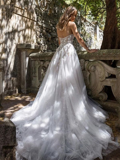 Vestido de novia ligero con escote en forma de tubo y abertura alta transparente para mujer