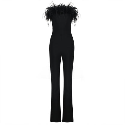 Women's Fashion Graceful Tube Top Feather Bandage Jumpsuit