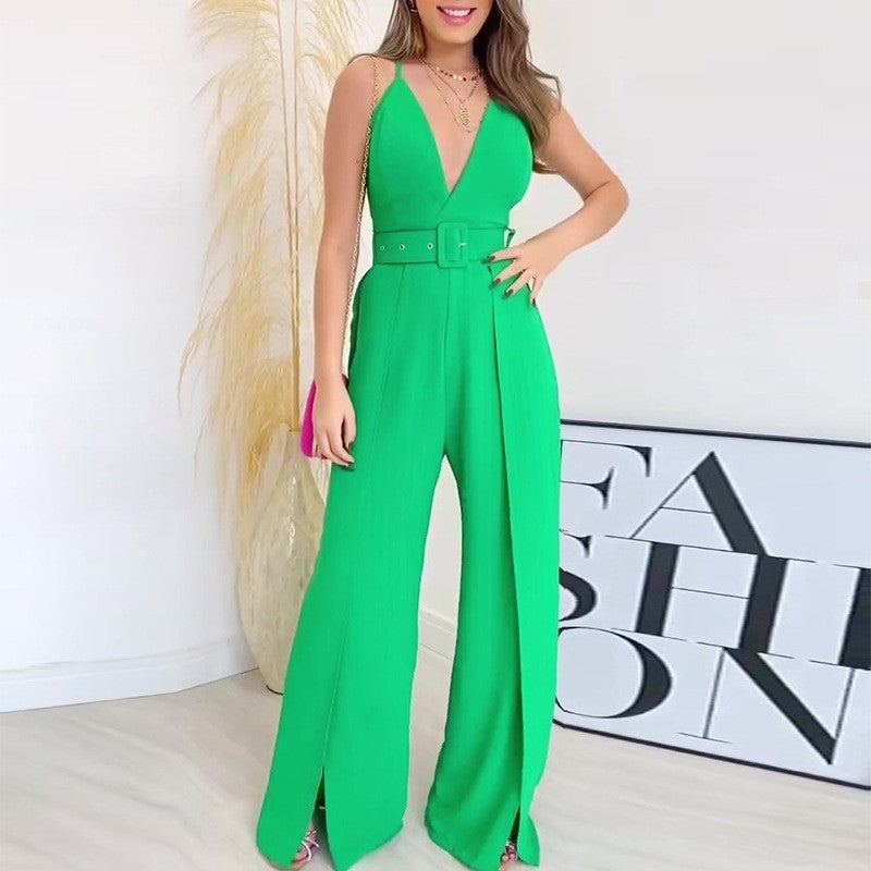 Women's Fashion Casual V-neck Brace High Waist Hem Jumpsuit