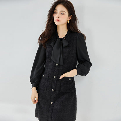 Tweed Long Sleeve Black Waist Dress