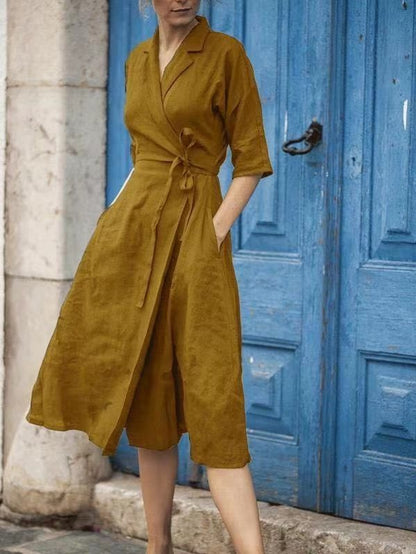 Cotton And Linen Half Sleeve Lace-up Turn-down Collar Large Swing Dress