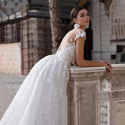 Vestido de novia de dos vías con escote redondo adelgazante blanco y cola de pez para mujer