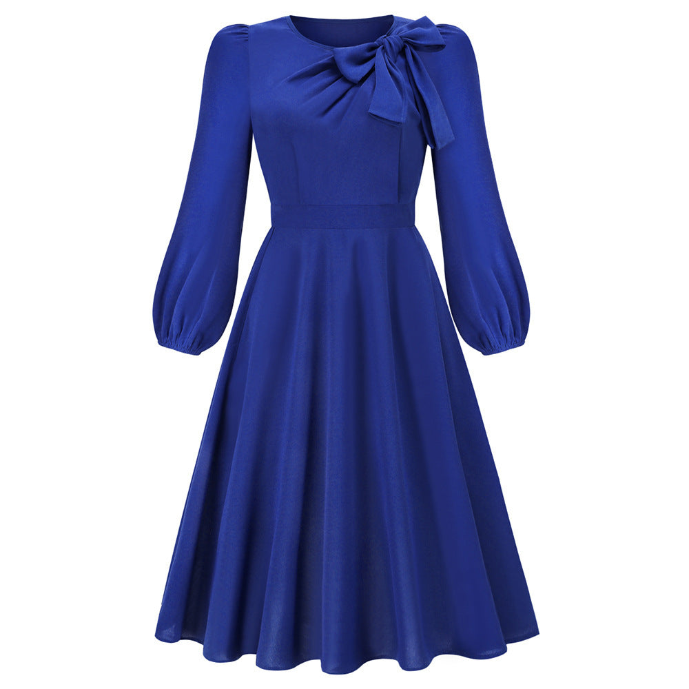 Herbst und Winter Langarm Rundhals Bowknot Kleid