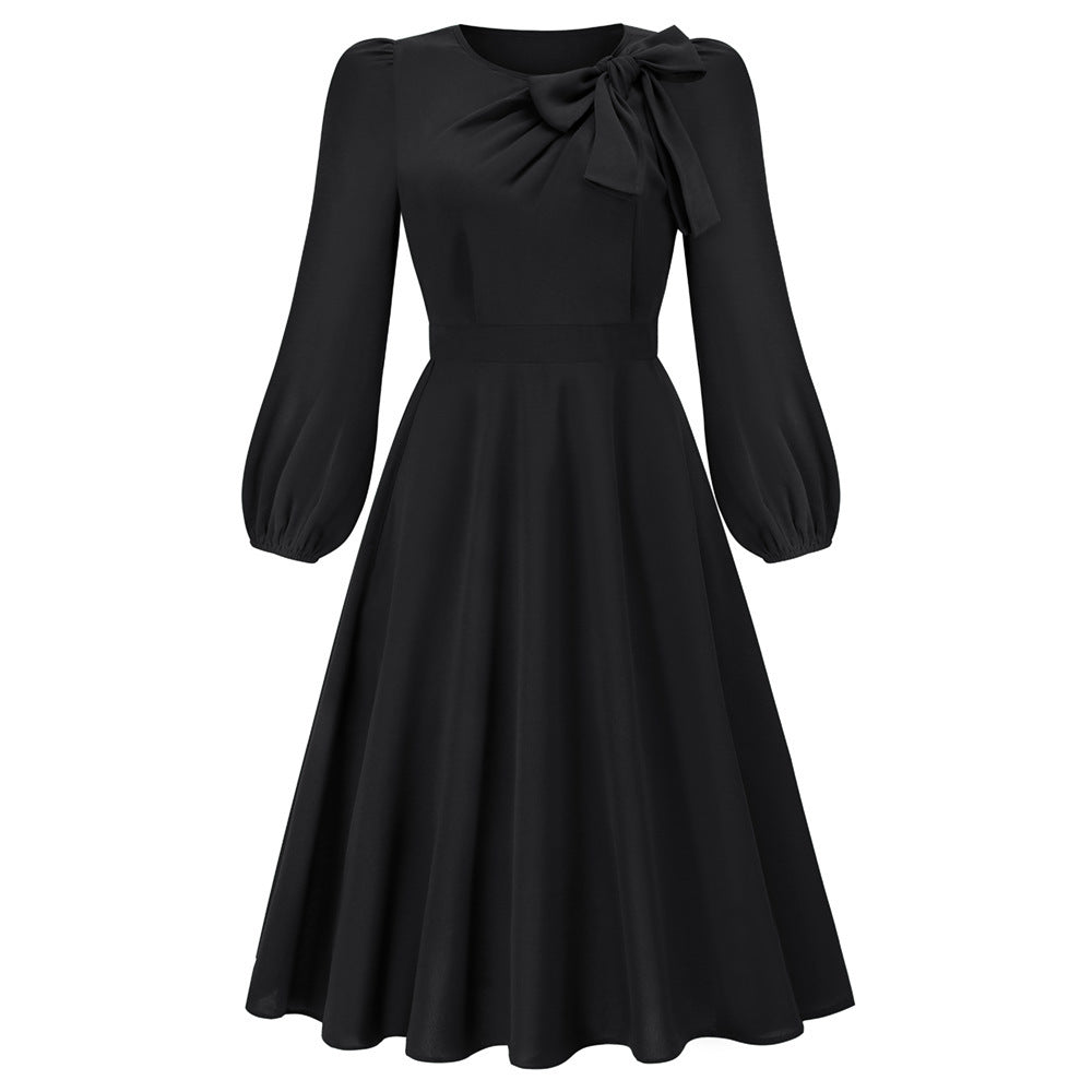 Herbst und Winter Langarm Rundhals Bowknot Kleid