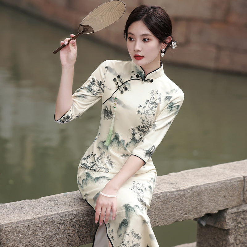 Women's Graceful And Fashionable Half Sleeve Ink Painting Dress