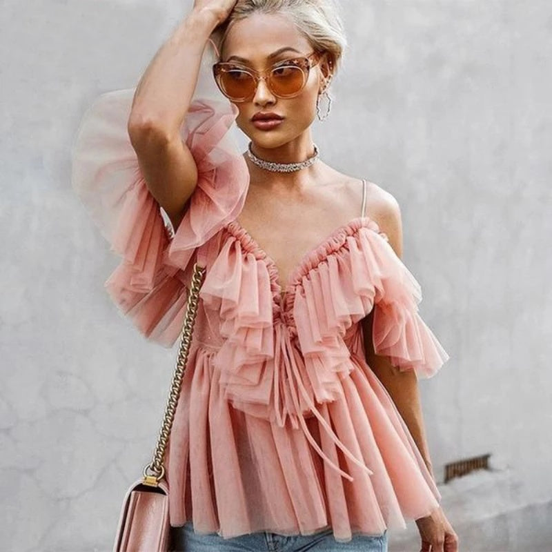 BerryGo Strap Rüschen Mesh Bluse Damen Shirt V Ausschnitt Off Shoulder Sommer Bluse Tops Streetwear sexy Schößchen Tops Blusas Neu