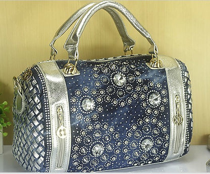 Denim Tasche Leinwand Gürtel Strass Geflochtene Nieten Runde Eimer Crossbody Schulter