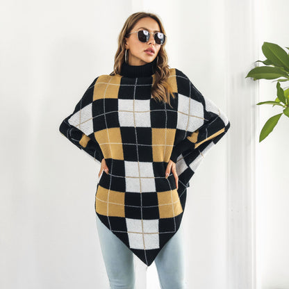 Mittellanger karierter Jacquard-Cape-Pullovermantel für Damen