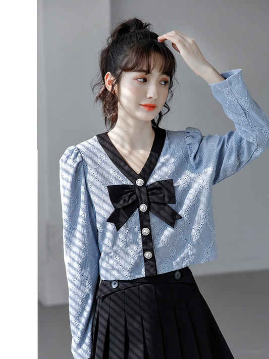 Women's Bow Puff Sleeve Short V-neck Shirt