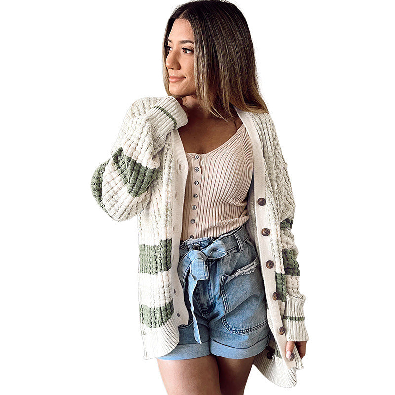 Women's Color Matching Long-sleeved Cardigan Loose