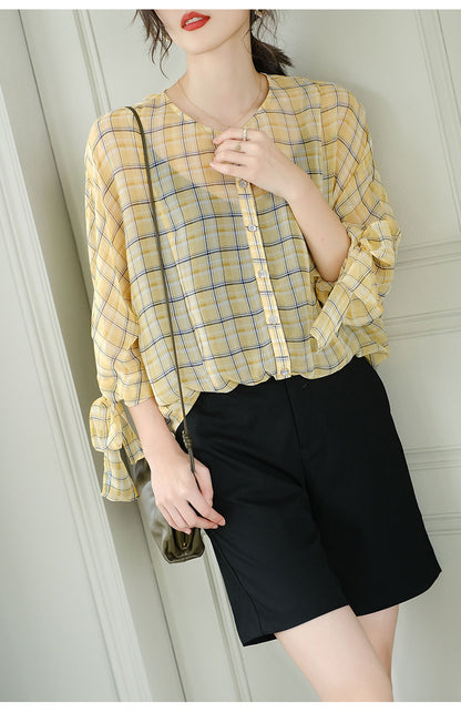 Three-quarter Sleeves Plaid Round Neck Single-breasted Ladies Shirt Chiffon Shirt