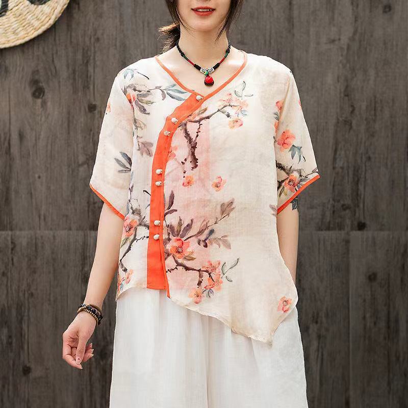 Camisa retro Hanfu con botones de disco, talla grande, suelta, de ramio