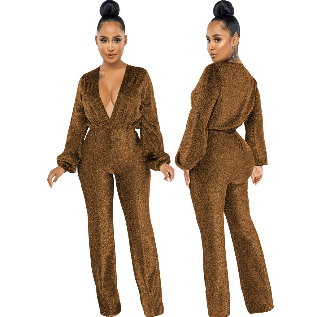 Women's Velvet Solid Color Long Sleeve V-neck Jumpsuit