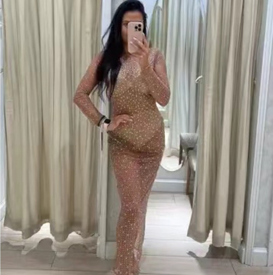 Vestido de malla con blusa de manga larga y diamantes de imitación para mujer