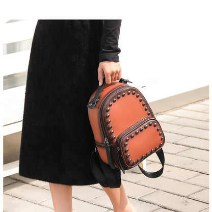 Top Layer Cowhide Rivet Backpack Casual All-match Female Bag