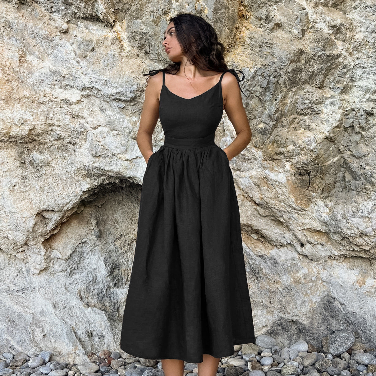 Französisches Kleid aus atmungsaktivem Baumwoll- und Leinenstoff mit hoher Taille im Urlaubsstil, langer Rock für Damen