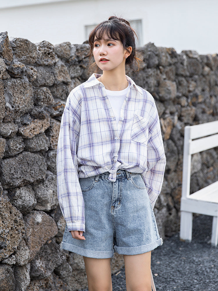 Camisa de cuadros morados suelta con capas para mujer