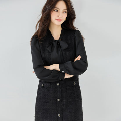 Tweed Long Sleeve Black Waist Dress