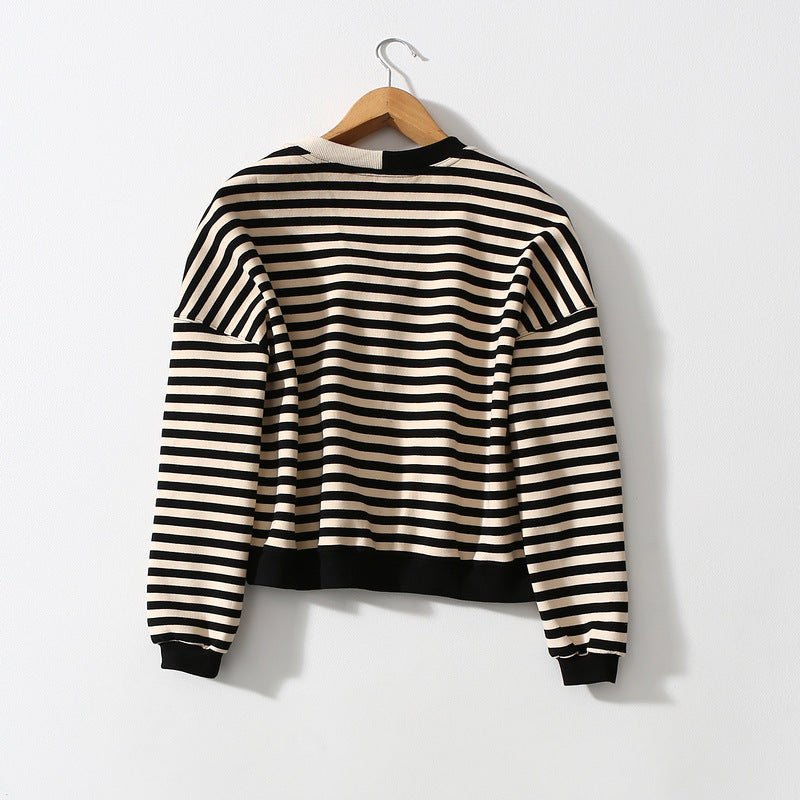 V-neck Horizontal Stripes Hit Color Casual Jacket Women